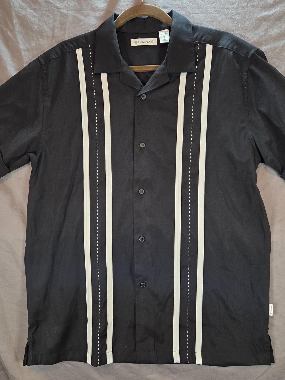 Cubavera Mens Size M Black & White Vertical Stripe Rockabilly Retro Camp Shirt